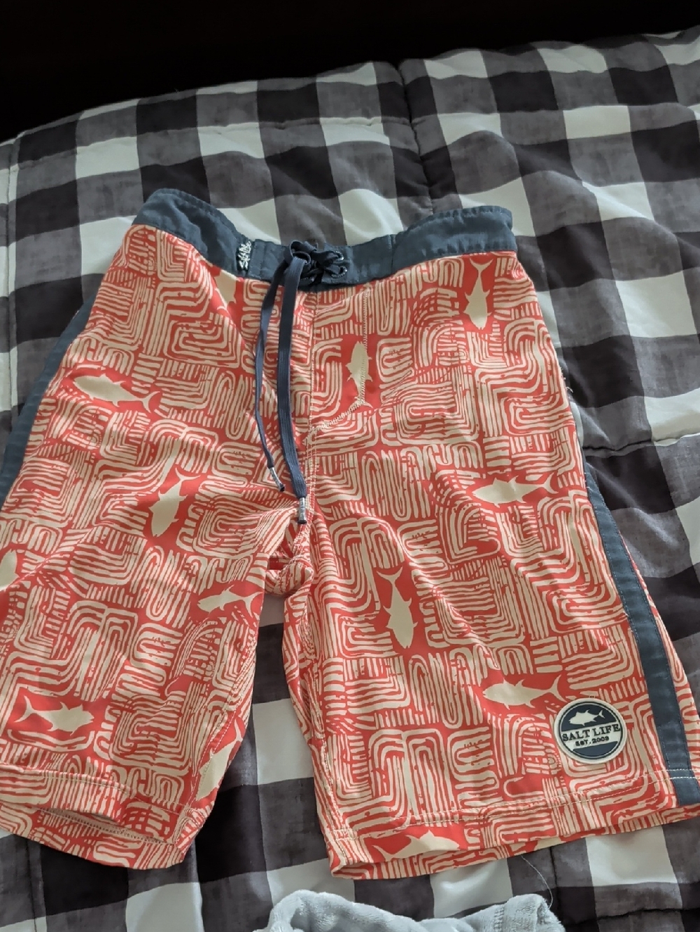 Salt Life Coral and Navy Shark-Pattern Swim Trunks
